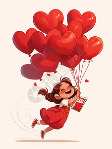 黑金色爱心气球穿着红色背带裤拿着爱心气球开心奔跑的卡通小女孩插画