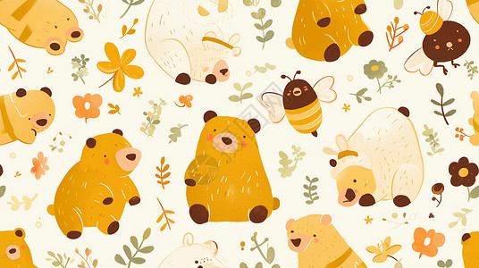 可爱小熊对话框小熊与花朵可爱的卡通背景插画
