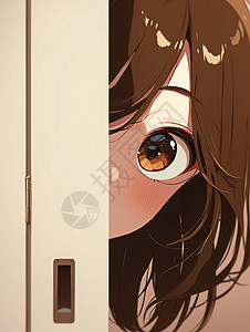 躲藏在门后的大眼睛可爱的卡通小女孩高清图片