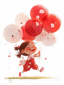 好看红色气球拿着气球开心奔跑的可爱卡通小女孩插画
