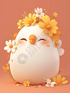 开心撒花小鸡头上戴着小黄花开心笑的卡通小鸡插画