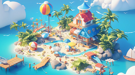 梦幻唯美的卡通度假岛背景图片