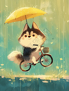 打着伞雨中骑着自行车打着黄色小伞的卡通小狗插画