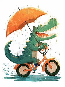 可爱卡通绿色鳄鱼一只绿色可爱的卡通鳄鱼骑着雨伞在雨中插画