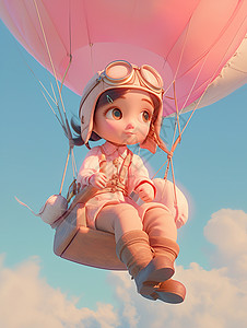 戴墨镜小女孩坐在热气球上戴着飞行员墨镜的小女孩插画