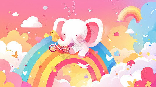 在彩虹上可爱卡通小白象高清图片