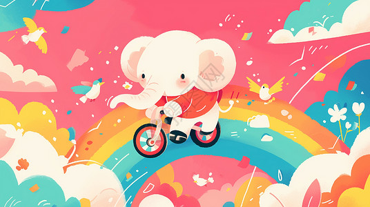 粉色小象在彩虹上玩耍的可爱卡通小白象插画