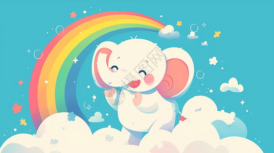 彩虹云朵素材开心玩耍的可爱卡通小象插画