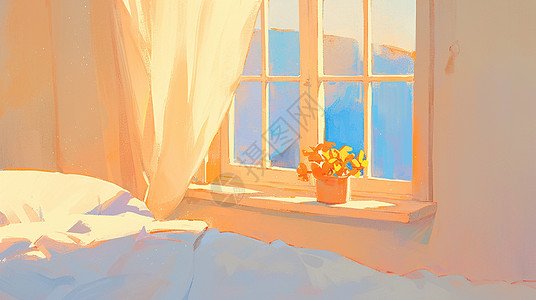 风和阳光素材卧室窗台上一盆美丽的卡通花插画