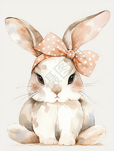 灰色手绘涂料头上戴着蝴蝶结发卡的风卡通小灰兔插画