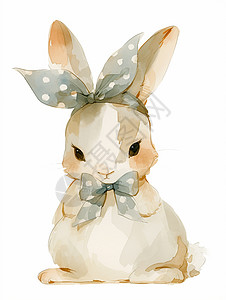 灰兔子头上戴着蝴蝶结发卡的手绘风小灰兔插画