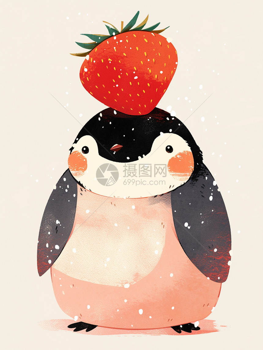 顶着草莓的卡通企鹅图片