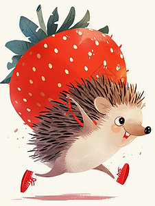 抱着果实的刺猬抱着红色大大的草莓的开心奔跑的卡通小刺猬插画