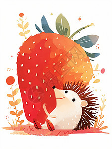 抱着果实的刺猬抱着红色大大的草莓的开心奔跑的卡通刺猬插画