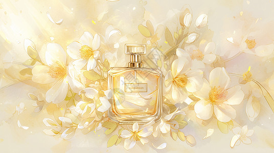 梦幻美丽的花丛中一瓶卡通香水背景图片