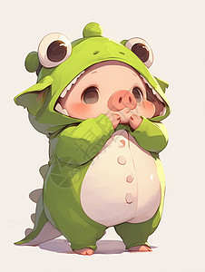 穿绿色青蛙服装的可爱卡通小猪高清图片