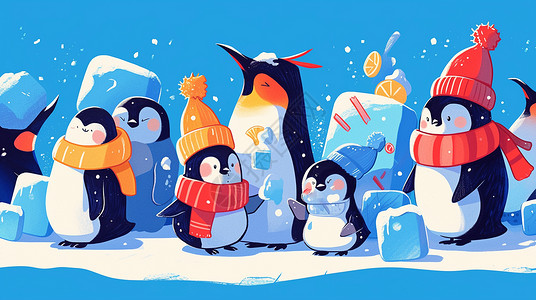 蓝色企鹅冰天雪地里几只可爱的卡通小企鹅插画
