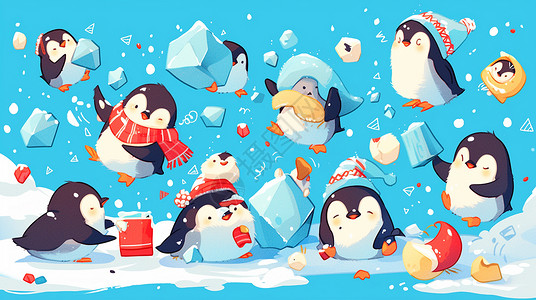 蓝色企鹅雪地里几只可爱的卡通小企鹅插画