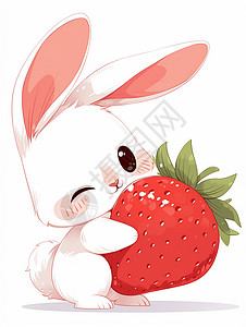 好high哦长耳朵可爱的卡通小白兔抱着大大的好哦你是个卡通草莓插画