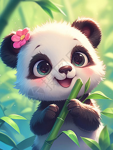 吃多头上顶着粉色小花在竹林中的可爱卡通大熊猫插画
