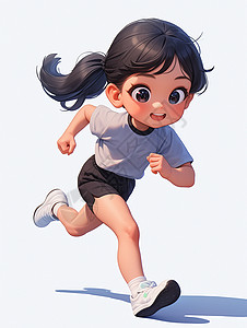 T恤短裤穿白色运动鞋开心奔跑的卡通小女孩插画