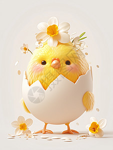 鸡蛋壳顶着小花的可爱卡通小黄鸡插画