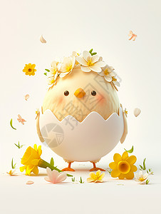 鸡蛋壳头上顶着花的可爱卡通小黄鸡插画