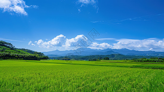 夏天水稻夏天绿色的稻田插画