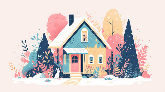 春夏秋冬背景浅色系一座可爱的卡通小房子插画