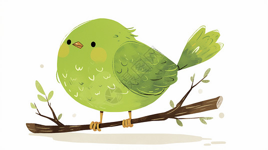 在树枝上一只可爱的卡通小绿鸟高清图片