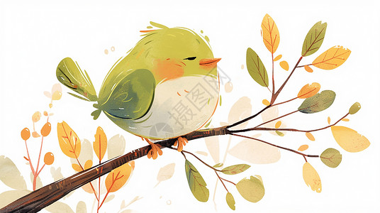 树枝上一只可爱的卡通小绿鸟插画