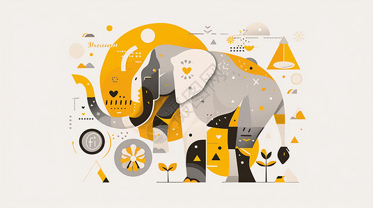 斯里兰卡大象黄灰撞色抽象的卡通象装饰画插画