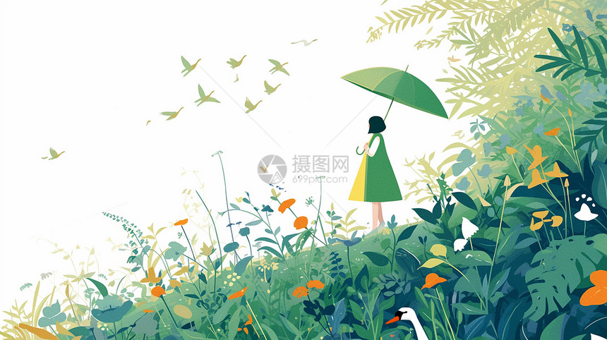 打着雨伞在绿色植物中欣赏风景的卡通小女孩图片
