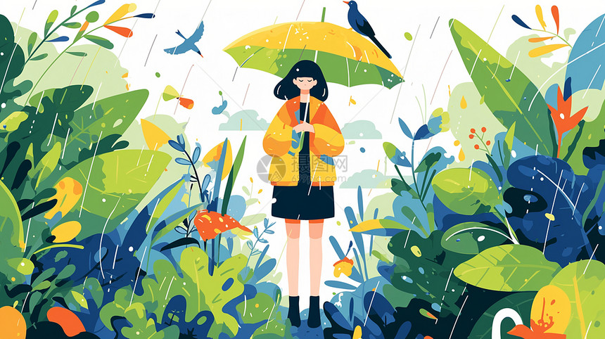 打雨伞在绿色植物中欣赏风景的卡通小女孩图片