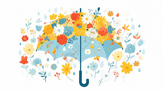 一把雨伞花丛中一把撑开的卡通小伞插画