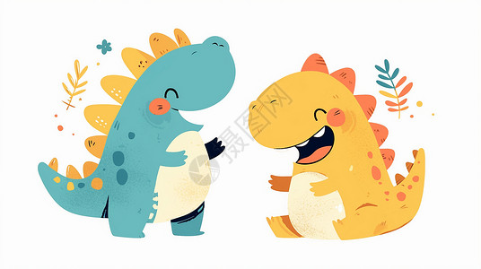 五好两只可爱的卡通小恐龙在一起开心笑插画