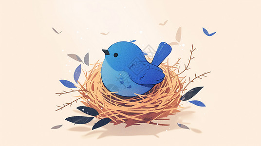 鸟窝插画在鸟窝中的一只蓝色卡通小鸟插画
