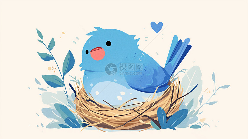 在鸟窝中的一只可爱的蓝色卡通鸟图片