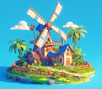 草丛中椰子树草上有大风车的可爱卡通小房子插画