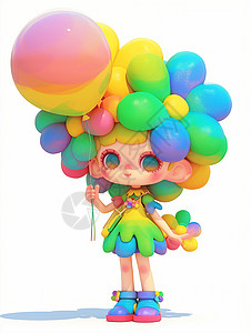 身穿彩色裙子手拿彩色气球的卡通女孩背景图片