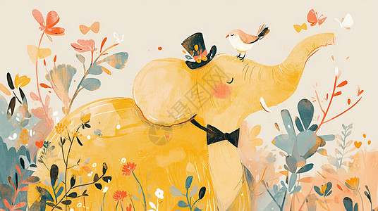 花丛中小孩戴黑色礼帽和领结的卡通大象在花丛中插画