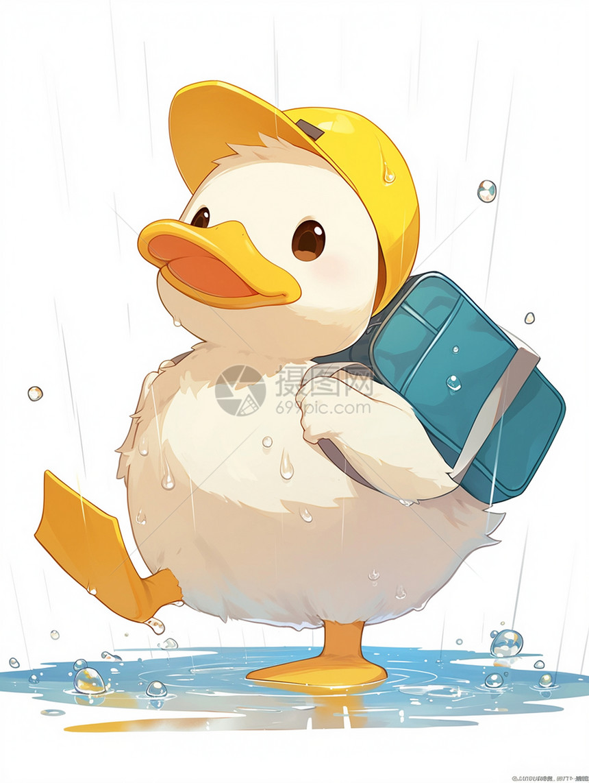 雨中背着书包的可爱卡通鸭子图片