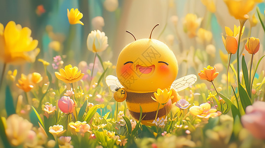 科比采在花丛中可爱的卡通小蜜蜂插画