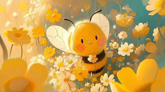 花丛中的小蜜蜂在花丛中的卡通小蜜蜂插画