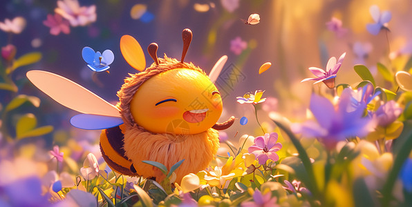 人工采蜜在花丛中可爱的卡通蜜蜂插画