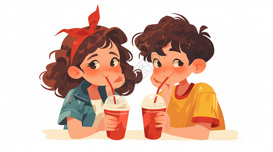 饮料首页可爱的卡通男孩女孩在一起喝奶茶饮料插画