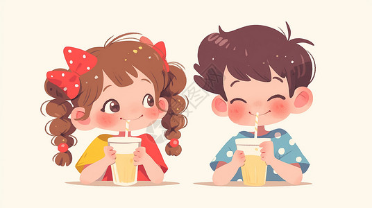 喝红糖水女孩可爱的卡通男孩女孩在喝奶茶饮料插画