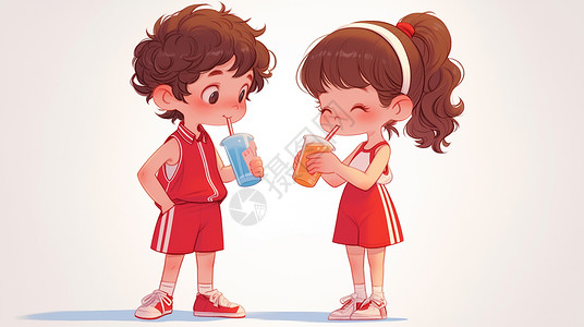 舌尖上的好茶身穿红色运动套装在喝饮料的卡通男孩女孩插画