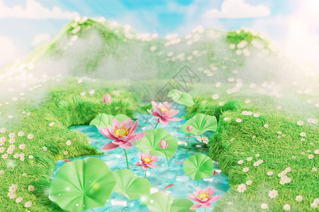 河边野花云雾缭绕的荷塘设计图片