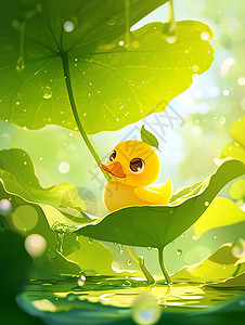 卡通可爱大黄鸭雨中趴在荷叶上躲雨的一只可爱卡通黄鸭插画